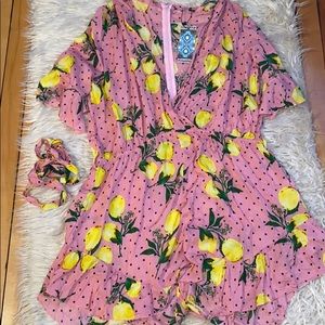 Boohoo Plus Pink Lemon Polka Dot Playsuit w/ belt